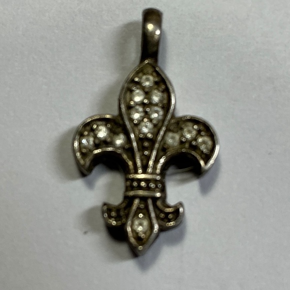 Jewelry - Sterling Silver Fleur de Lis pendant, charm with clear stones. 3/4 inches long